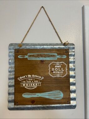 Rustic Kitchen Wall Sign - Brown Wood with Light Blue and White Graphics